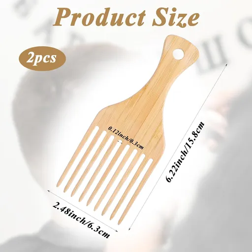 2 PCS Bamboo Comb Set for Afro Hairstyle, Natural Anti-Static Hair Picks for Curly Hair, Wooden Wide Tooth Comb with Pick, Long Tooth Detangling Combs for Men Women Curly Wavy Thick Long Hairs
