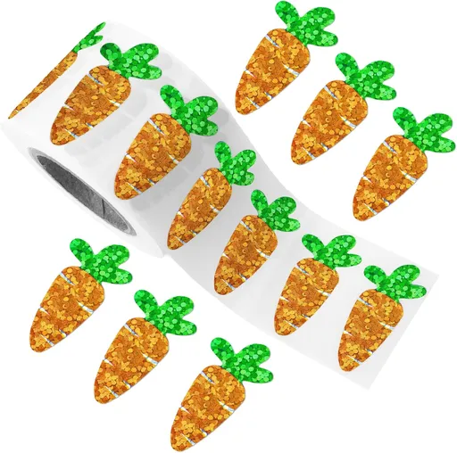 Easter Carrot Stickers - 500Pcs 1.2×0.4'' Carrot Shape Stickers Holographic Carrots Sticker Roll Self Adhesive Happy Easter Sticker for Egg Basket Envelope Seal Card Easter Party Favor Decor