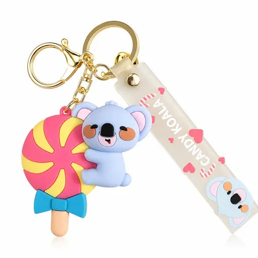 Lollipop Koala PVC Keychain - Cute 3D Cartoon Koala Figure , Soft Rubber Bag Charm and Car Key Ring Accessory, Lightweight Collectible Gift for Kids and Teens