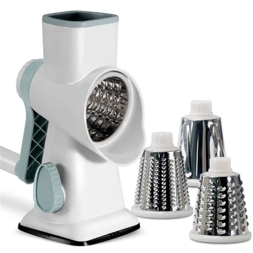 Rotary Cheese Grater Shredder with Handle Handheld Round Vegetable Slicer Carrot Shredder Nut Grinder with 3 Replaceable Stainless Steel Drum Blades and Upgrade Strong Suction, White/Cyan