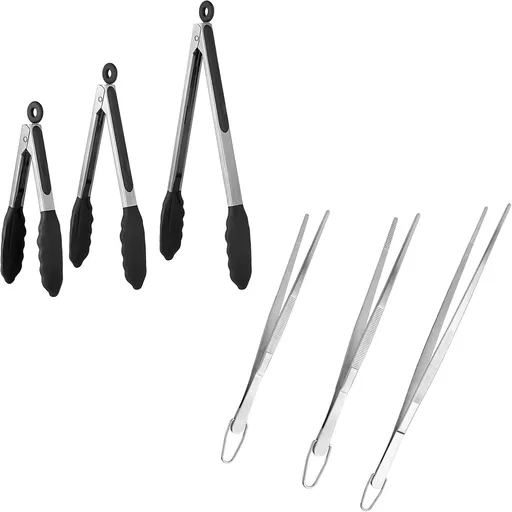 600ºF Heat Resistant 7/9/12 inches Silicone Cooking Tongs with Non Stick Rubber Tips (Black) and 8"+10"+12" Kitchen Tweezer Set: 18/8 Stainless Steel Food-Grade Metal Food Tong (Pointed Tip)