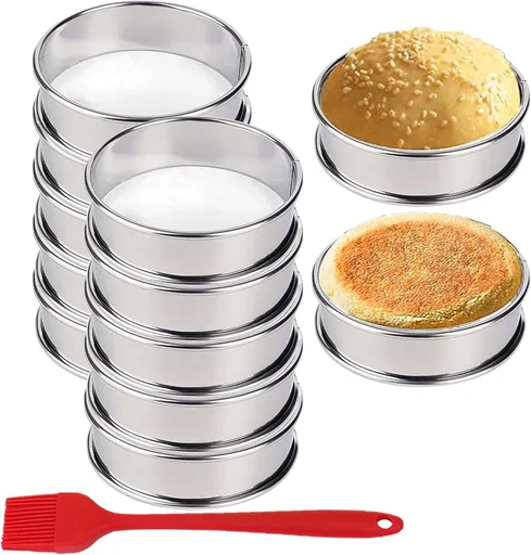 English Muffin Rings, Stainless Steel Crumpet Rings, 6 Pcs Nonstick Metal Round Ring Molds with Silicone Oil Brh (4 inch 12 pcs)