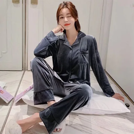 Women Winter Velvet Sleepwear Set Long Sleeve 096# Gray Female XL