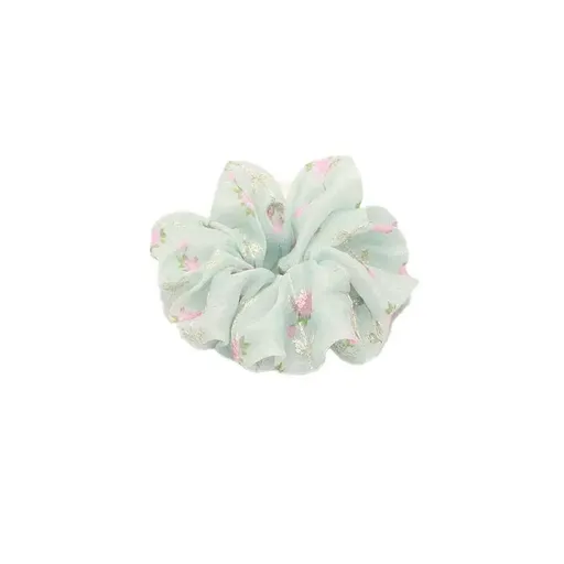 Flower Embroidery Mesh scrunchies Women romantic Cream Chiffon Hair Ponytail - Blue