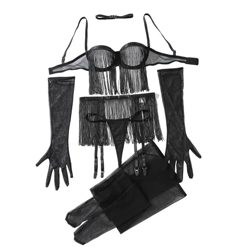 House Of Dasein Perspective Tassel Hollowed Out Lingerie Set No Take Off Seductive Six Piece - Black - S