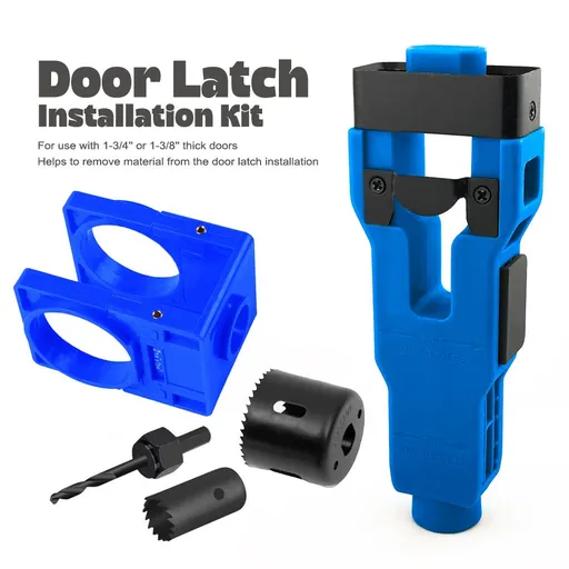 Door Lock and Latch Installation Tool Kit with Hole Saw, Mortise Template and Chisel Guide for Wooden Door Hardware Fitting and Precise Drilling Alignment (Blue)