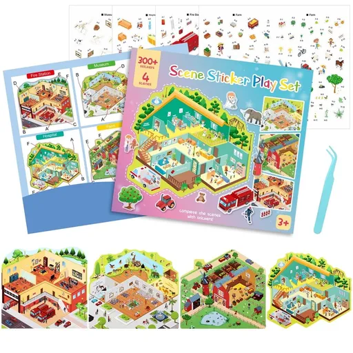 Sawnfay 3D Sticker Scene Play Set – 4 Scenes with 300+ Stickers, Reusable Sticker Book, Waterproof Stickers for Kids & Adults