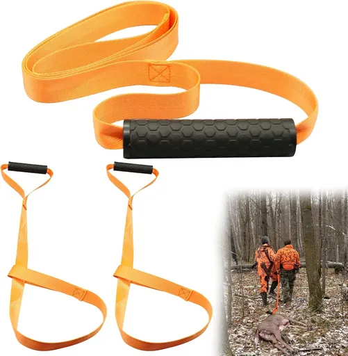 3 Pack Deer Drag Ropes with Non-Slip Handles, Heavy-Duty Hunting Pull Straps for Game Retrieval, Field Dressing and Outdoor Use, Orange
