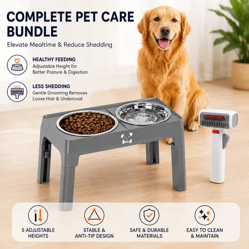 Pet Care Bundle Set – Grey Adjustable Elevated Double Dog Bowl & White and Grey 2-in-1 Self-Cleaning Pet Grooming Comb, Stainless Steel Feeding Station and Deshedding Brush for Dogs & Cats