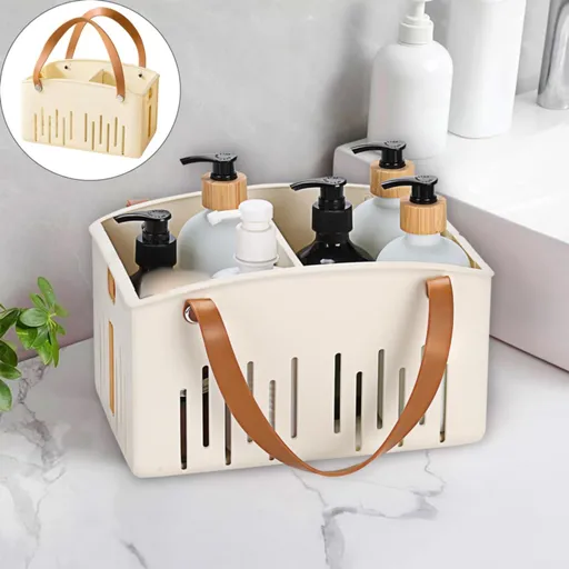 Cotton Rope Storage Basket with PU Leather Handles, Woven Organiser for Toys, Laundry, Blankets, 25.5 x 17 x 25 cm, White