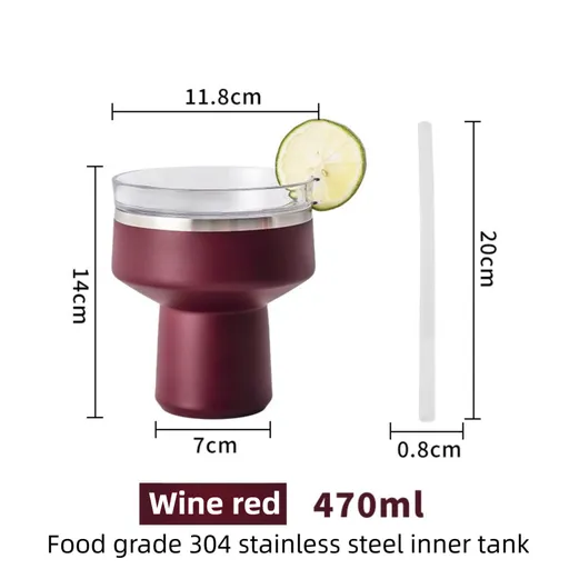 Wine Red 470ML Stainless Steel Martini Tumbler Cup with 360°Salt & Sip Lid, Internal Markers and Straw - Double Wall Vacuum Insulated Drink Cup for Coffee Cocktails Cold Drinks and Outdoor Use
