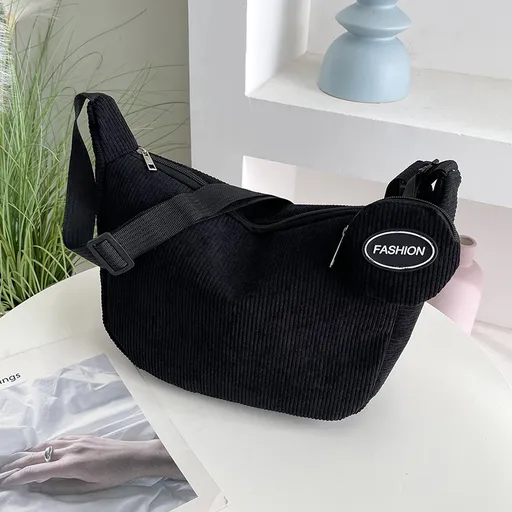Black Minimalist Corduroy Crossbody Bag – Large Capacity Single Shoulder & Diagonal Sling Bag in Korean Style