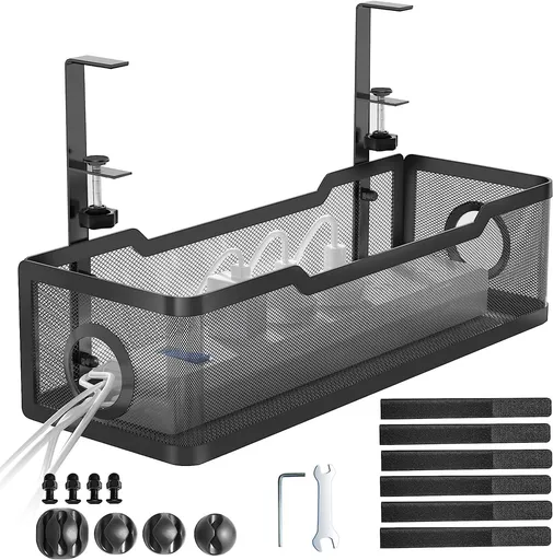 No Drill Metal Desk Cable Tray Black, 34 cm