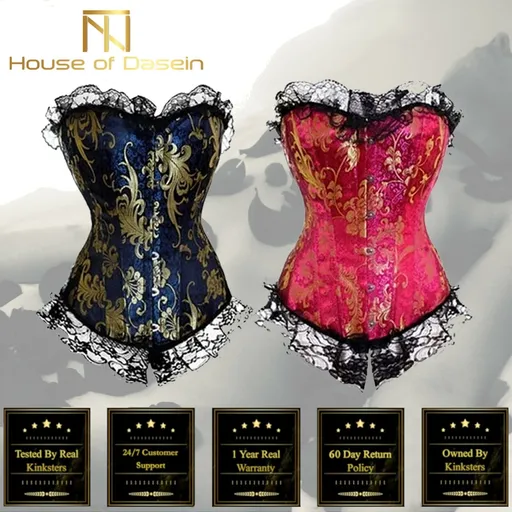 House Of Dasein Blue Red Corset Gold Lace Trim Sexy Lingerie Kink Bdsm Fetish Clothing - Blue - L