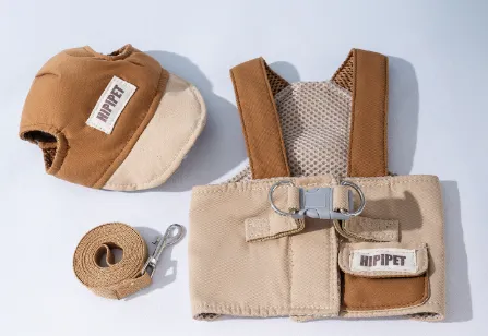 L Brown Pet Sun Hat with Adjustable Strap + Leash & Harness 3-Piece Set - Breathable Summer Cap for Dogs & Cats with Ear Holes