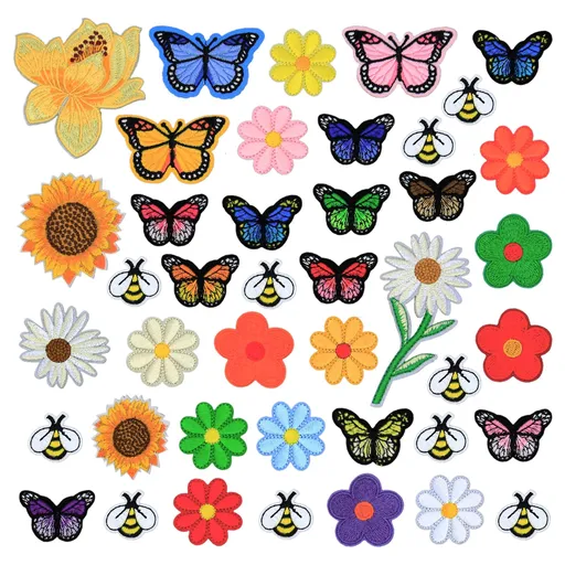 41Pcs Embroidered Flowers Butterfly Bee Iron on Patches Sunflowers Sew on Patch Cute Bumble Daisy Embroidered Applique Decoration