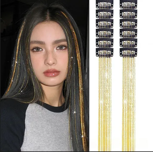 Gold Laser Iridescent Hair Extensions – 12-Piece Clip-In Highlight Strands (High-Temperature Fiber)