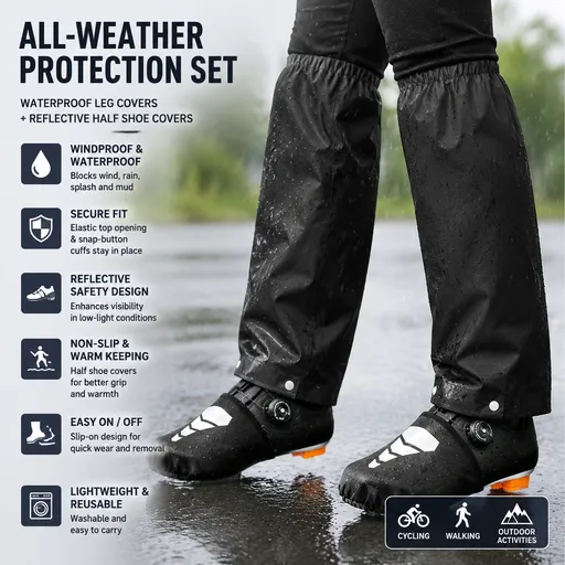 Black Waterproof Windproof Cycling Shoe Covers & Long Half Rain Pants Set – 2 Pairs Nonslip Reflective Half Toe Shoe Covers and 1 Pair Quick Pull-On Adjustable Leg Covers 3XL for Commuting, Hiking and Outdoor Riding