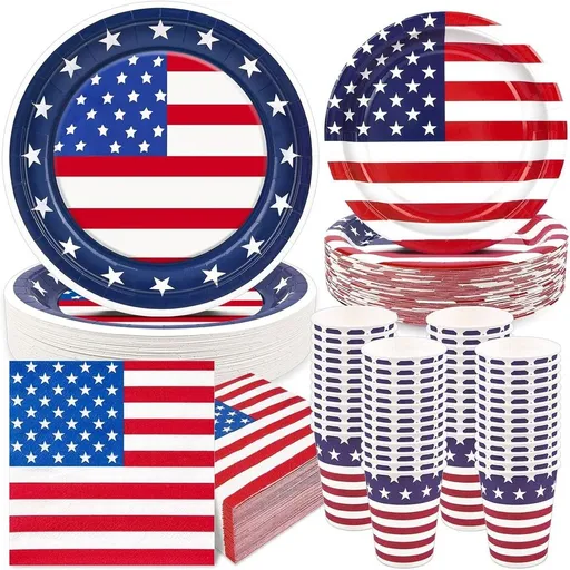 96 Pcs USA Flag Tableware Set - Serves 24, Patriotic American Flag Disposable Plates, Cups, Napkins, for 4th of July, Memorial Day, Veterans Day, Independence Day Party Supplies