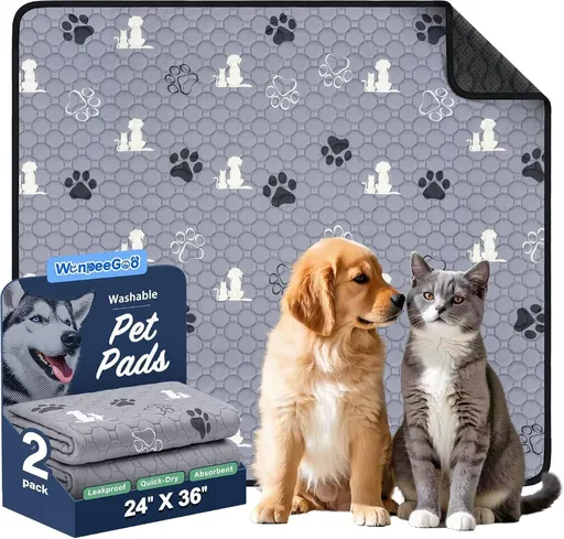 2 Pack Washable Pee Pads for Dogs, Waterproof, Gray | Super Absorbent, Waterproof and Non-Slip; Washable, Reusable Dog Pads for Crates, Playpens, Floors, Furniture and Travel - Gray - Size 24"x36"