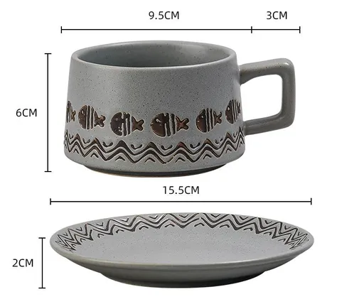 Vintage Ceramic Coffee Cup and Saucer Set - Elegant Afternoon Tea Set(Wave Fish Gray)