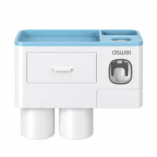 Blue Wall-Mounted Bathroom Organizer with Automatic Toothpaste Dispenser - Includes 2 Magnetic Rinse Cups, Storage Drawer & Toothbrush Holder