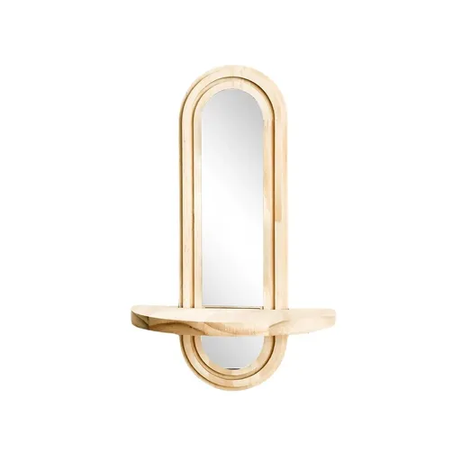 Double Layered Arched Wooden Wall Mirror With Built-In Floating Shelf, Decorative Wall Mount Mirror With Storage Ledge, Ideal Entryway Bedroom Bathroom Vanity Accent,Beige