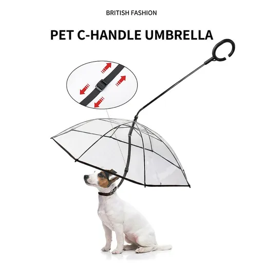 C-Handle Transparent Pet Umbrella with Adjustable Leash Strap – Hands-Free Rain Protection for Small to Medium Dogs and Cats, Flexible Tilt Shaft, Durable Alloy Frame, Ideal for Wet Weather Walks (Adjustable Webbing Version)