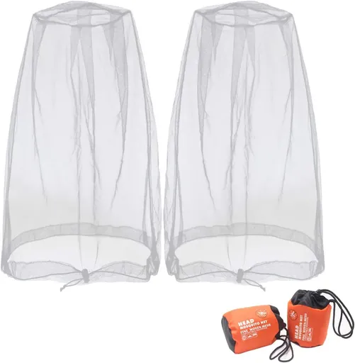 Mosquito Head Net Mesh, Face Neck Fly Netting Hood from Bugs Gnats Noseeums Screen Net for Any Outdoor Lover- with Carry Bags Fits Most Sizes of Hats Caps (2pcs, Light Grey, Updated Big Net)