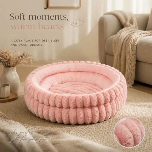 Plush Round Bed - Pink, Size M: 50×50×15cm