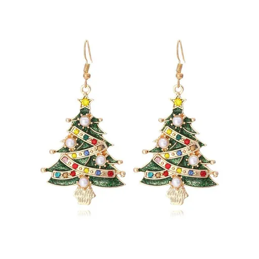 Christmas Tree Drop Earrings - 6.7 x 3.5 cm Alloy Festive Earrings with Colourful Rhinestones and Faux Pearls, Statement Jewellery for Women and Holiday Parties