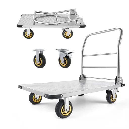 Platform Truck, 907.18 kg Capacity, Heavy Duty Steel Flatbed Cart with Swivel Wheels and Handle, Foldable Platform Hand Push Truck Dolly, for Groceries, Garage, Warehouse, 900 x 600 x 900 mm