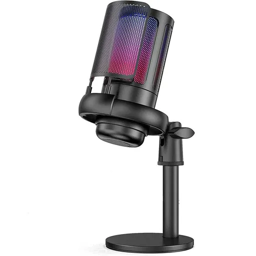 USB Condenser Gaming Microphone with RGB Lighting Adjustable Stand for Recording Streaming Black