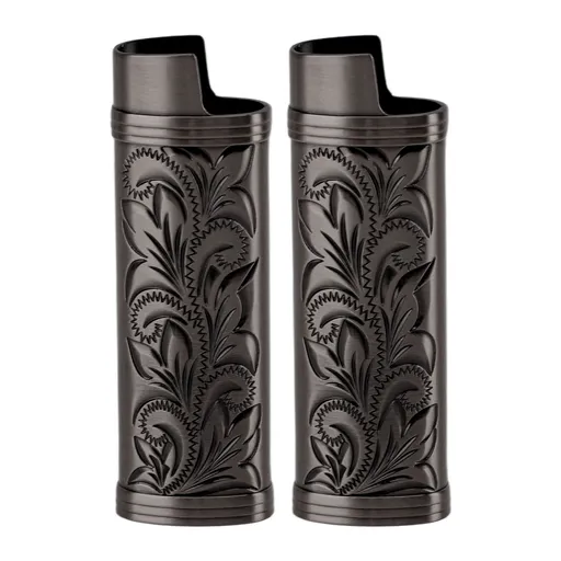 Lighter Case Vintage Style Zinc Alloy Protective Cover 2Pcs Floral Pattern Black