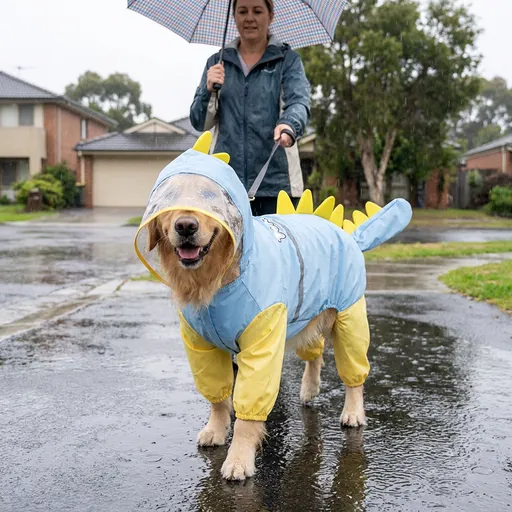 Blue Dog Raincoat Dinosaur Hooded Waterproof Jacket 3XL Size with Leash Hole Removable Tail Cover Full Body Coverage Pet Rain Coat for Outdoor Walking Large Dogs