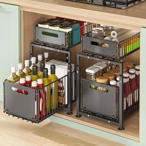 CARLA HOME 2- Pack Under Sink Organizer with Sliding Drawers & Height Adjustable for Kitchen Bathroom Cabinet Organization