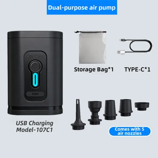 Black Wireless Rechargeable Vacuum Pump with 5 Versatile Nozzles - 2-in-1 Compact High-Suction Inflator & Deflator for Travel & Home