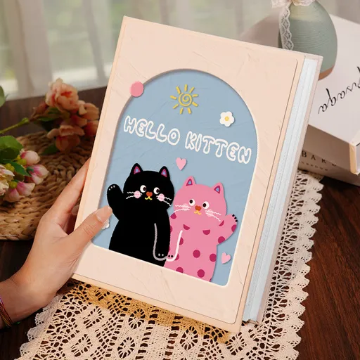 Photo Album Cartoon Cat Design 7-Inch 100-Photo Capacity Suede Crystal Cover