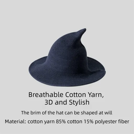 2PCS Dark Blue Women's Breathable Cotton Yarn Halloween Witch Hat - Foldable Moldable Wide Brim Sun Hat for Witch Cosplay & Summer Wear