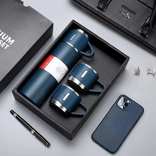 Stainless Steel Vacuum Flask Gift Set with 2 Sharing Cups — 500ml Double-Wall Insulated Bottle | 12H Hot, 24H Cold | Coffee & Tea Travel Mug | Father's Day Birthday Gift - Blue - Size 500ml