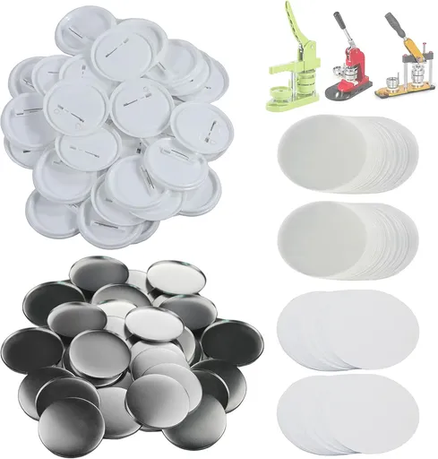 200 Sets 58mm(2.25 in) Blank Pin Back Buttons Parts for Button Maker Machine 58mm, Round Badge Making Supplies, Includes Metal Cover, Plastic Button Back Cover, Clear Film&Blank Paper