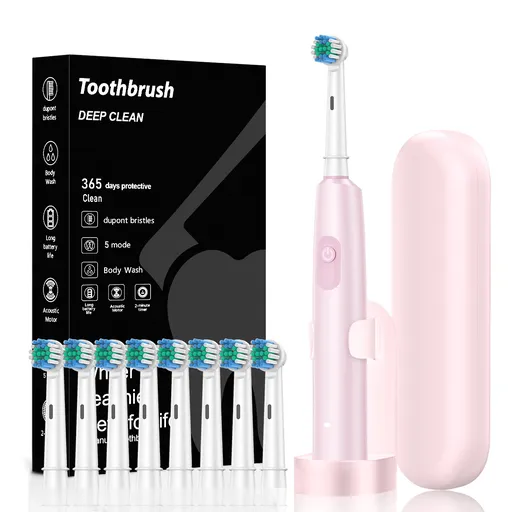 Electric Toothbrush Kit 3D Oscillating Round Head Pink Travel Case Stand 8 Heads