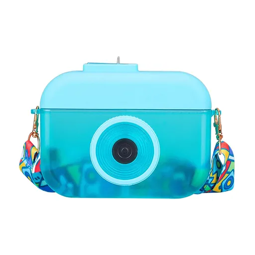 Cute Water Bottle with Straw - Camera Shape Water Cup with Adjustable Shoulder Straps - Ideal Kawaii Gift for School (Blue)