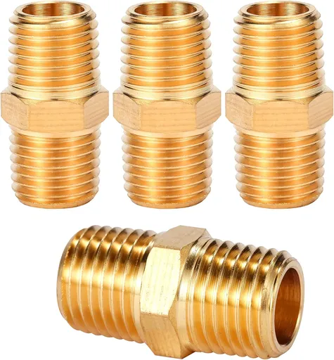 4 pcs Solid Brass Pipe Fitting, Hex Nipple, 1/4" x 1/4" NPT Male Pipe Adapter (O.D x O.D: 1/2'' x 1/2'')
