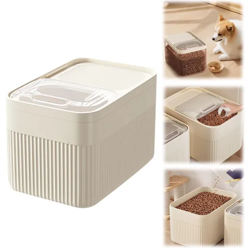 Airtight Pet Food Storage Container with Measuring Cup, Locking Dry Food Bin for Dog and Cat Food, 38.5 x 21 x 17.2 cm, White