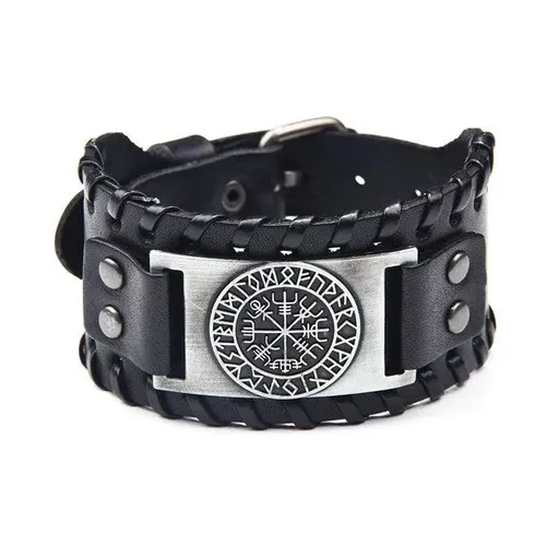 Viking Compass Leather Bracelet Men Adjustable PU Leather Cuff Runes Wristband - Silver
