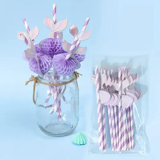 50pcs, Mermaid Purple Honeycomb Paper Straws, 7.72inch Disposable Straw, Little Mermaid Theme Birthday Decoration Gifts, Wedding Birthday Supplies Dining Drink Paper Straws