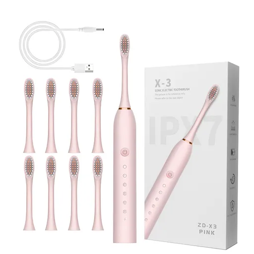 Sonic Electric Toothbrush Pink 8-Brush-Head Set - 6 Cleaning Modes, USB Rechargeable, DuPont Soft Bristles, Travel Friendly Oral Care Set