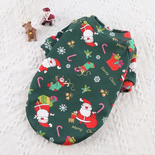 Pet Sweatshirt Christmas Print Fleece Lined Dog Cat Two-legged composite velvet green bottom old man S (chest circumference 35 back length 25)