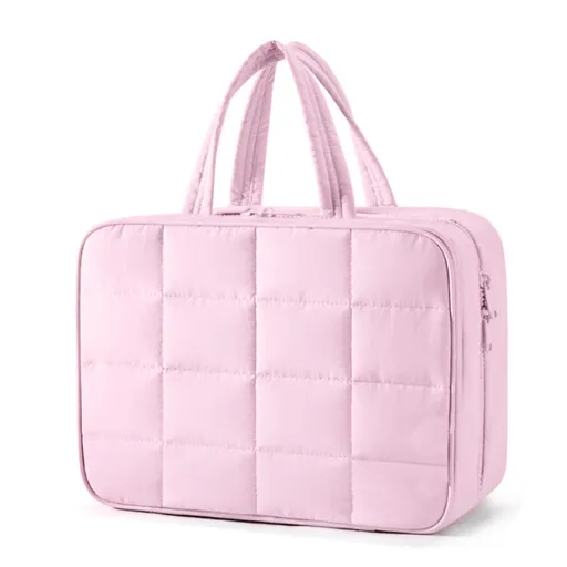 Size M Pink Quilted Hanging Toiletry Bag with Jewelry Organizer - Travel Cosmetic Case(28*12*20)
